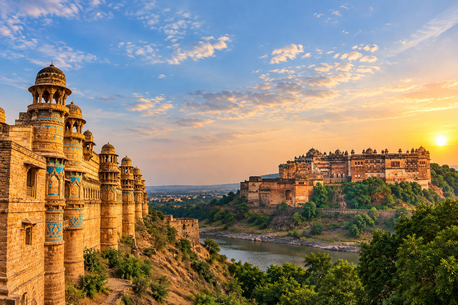 Royal cenotaphs of Orchha at dusk